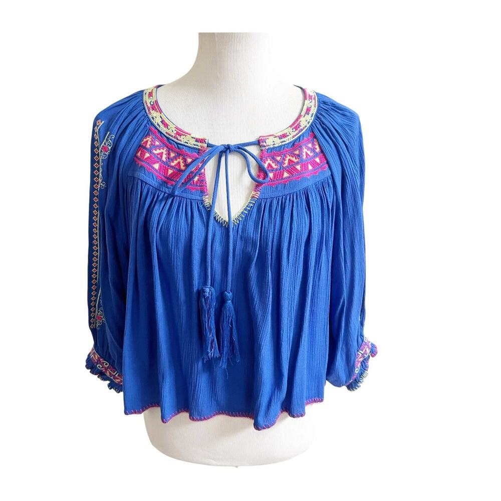 VICI Embroidered Balloon 3/4 Sleeves Cropped Peasant Blouse Boho Blue Sz- Medium